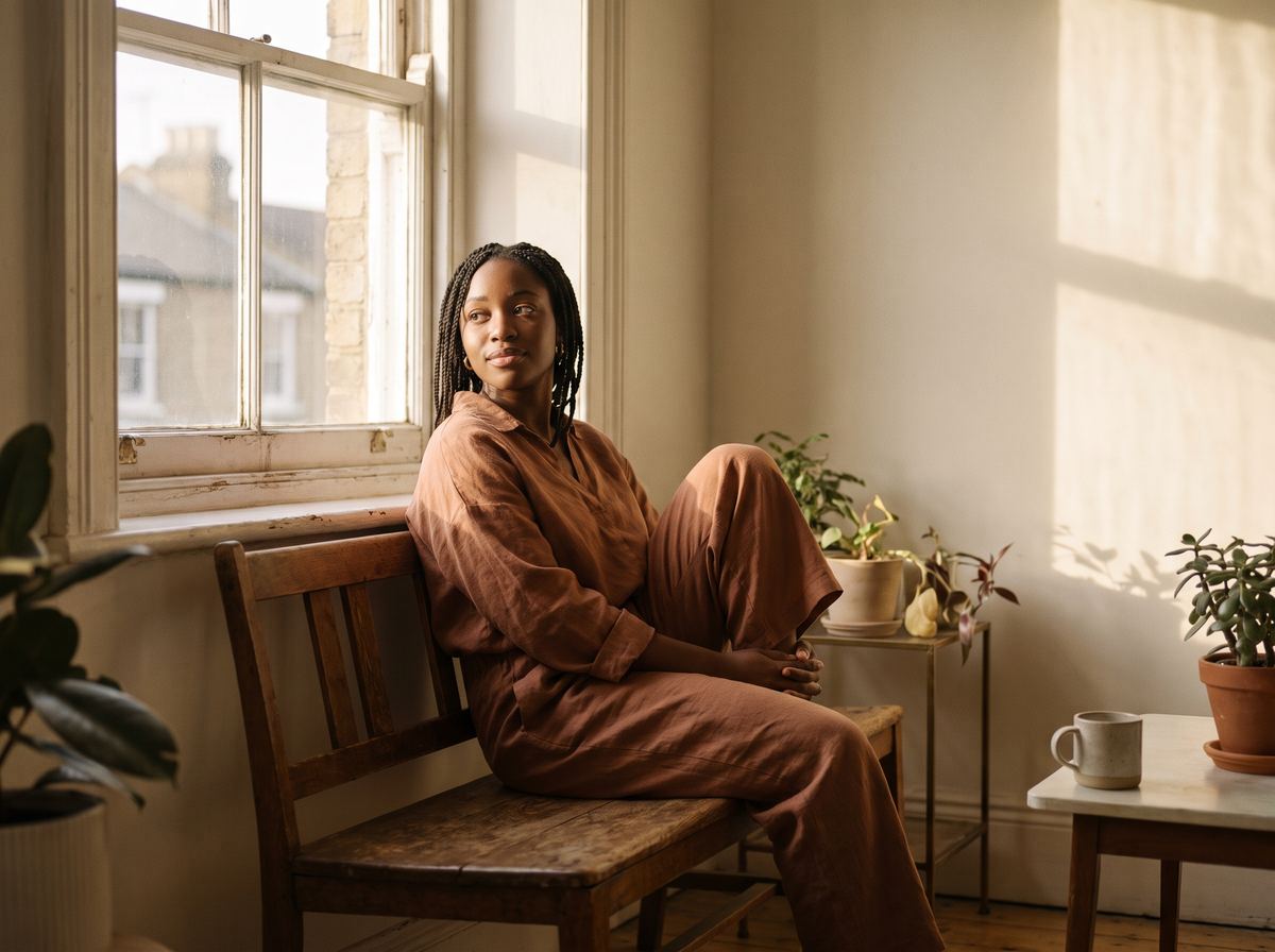 A woman sitting quietly by a window in soft morning light
